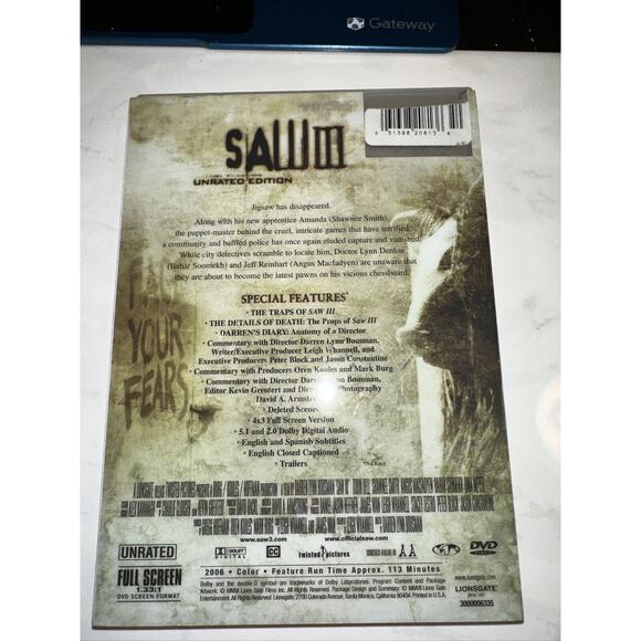 Saw III Movie (DVD, 2007, Unrated‎ Full Screen) Suffering? - Picture 2 of 4